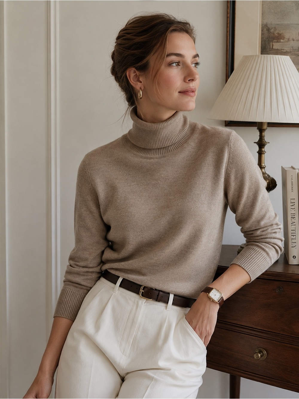 Pendleton 100% Merino Wool Turtleneck Sweater Camel Beige Classic knit